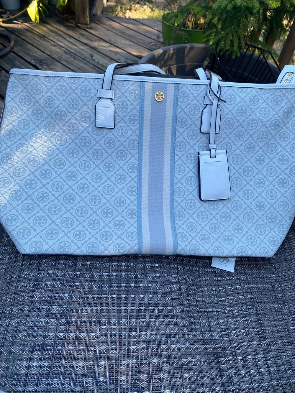 Tory Burch T Monogram Coated Canvas Tote New Ivory w/Light Blue Logo Stripe